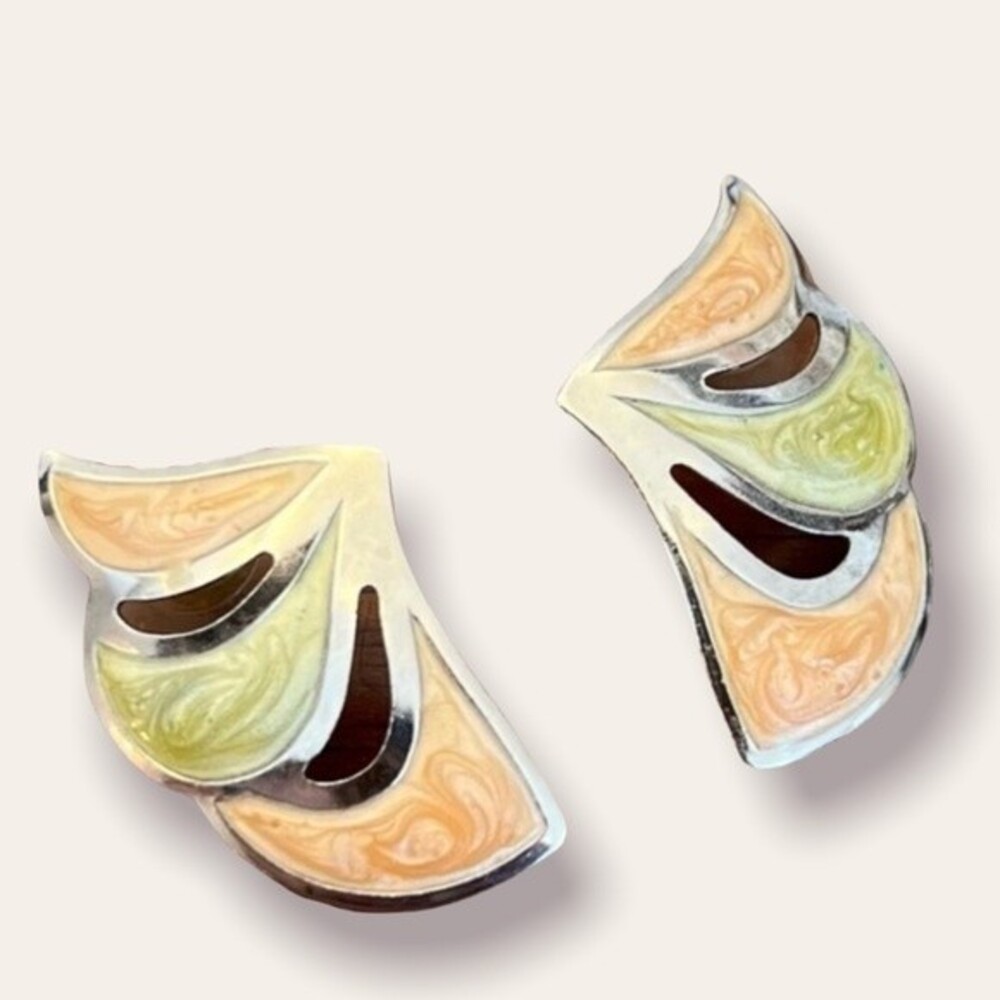 Vintage Earrings Silver Tone Pastel Green and Orange Abstract Studs